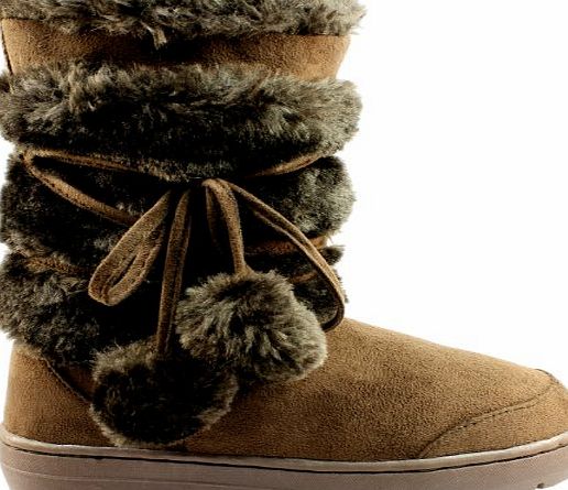 Snow Boot Womens Pom Pom Fully Fur Lined Waterproof Winter Snow Boots - Brown - 8 - 41 - AEA0160