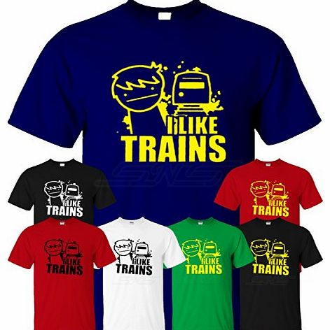 ASDF I Like Trains Mens Boys Womens Ladies Girls Unisex T-shirt Tee Top Cotton T Shirt XS S M L XL XXL Many Colors & sizes Available by SnS Online (Youth (XL) Kids 12-13 Years, Navy Blue with Yell