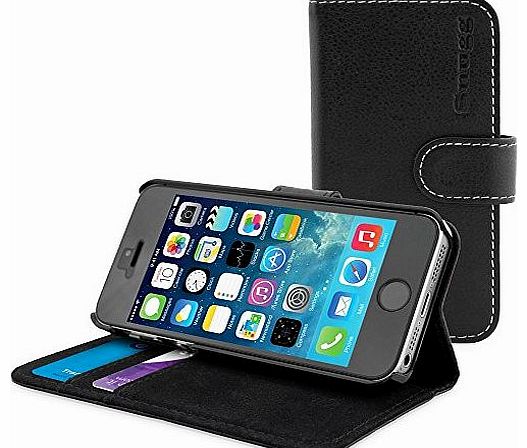 iPhone 5 / 5S Leather Flip Case in Black - Flip Wallet case with Card Slots, Stand and Premium Nubuck Fibre Interior for the Apple iPhone 5 / 5S