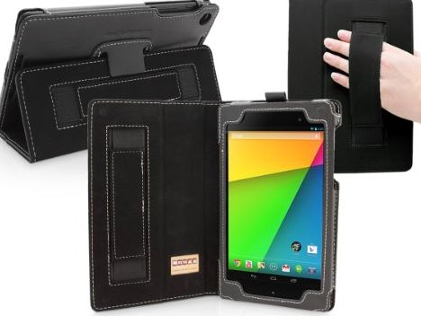 Snugg Nexus 7 2 Case in Black Leather for 2013 2nd Gen with Lifetime Guarantee - Flip Stand Cover with Elastic Hand Strap, Stylus Loop and Premium Nubuck Fibre Interior - Automatically Wakes and Puts