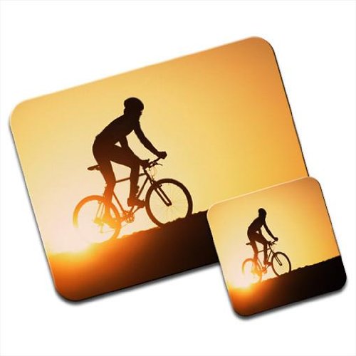 Silhouette of Man Riding Mountain Bike at Sunset Premium Mousematt & Coaster Set