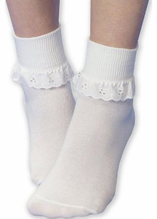 6 Pairs of Girls White Fancy lace Cotton ankle socks All sizes (6-8.5 (2-3 years))