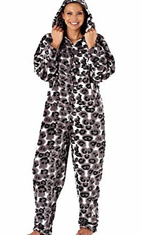 Socks Uwear Ladies Animal Print Fleece Onesie Pyjama JumpSuit Lounge Wear 14-16 M/L Grey