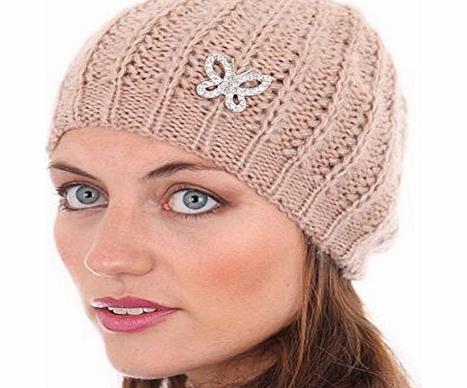 Socks Uwear Ladies Cable Knitted Fashion Warm Winter Beanie Hat With Butterfly Brooch Pink