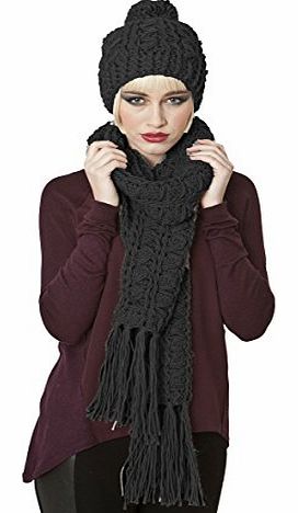 Ladies Maude Knitted Fashion Winter Beanie Hat And Scarf Set Black
