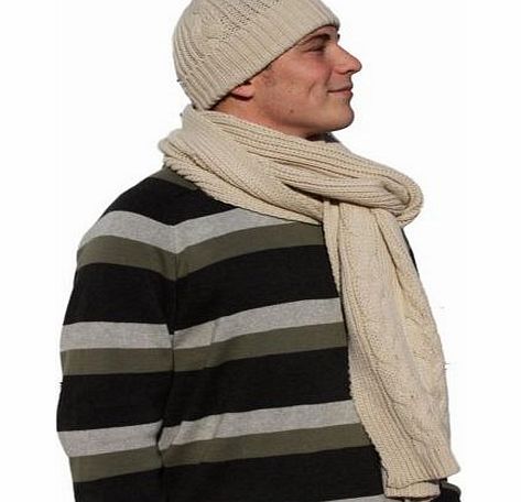 Mens Cable Knit Design Beanie Hat- Long Scarf Winter Thermal Fashion Set Navy