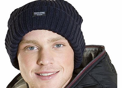 Mens Chunky Ribb Knitted Beanie ski Thinsulate Lined Winter Hat Navy
