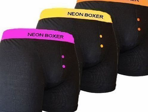 Mens Classic Boxer Shorts Trunk Black With Neon Waistband Underwear 3 PK LRG