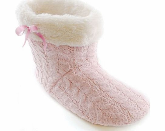 Socks Uwear SlumberzzZ Ladies Cable Knit amp; Faux Fur Boot Style Slipper FT0756 UK 7-8 Pink