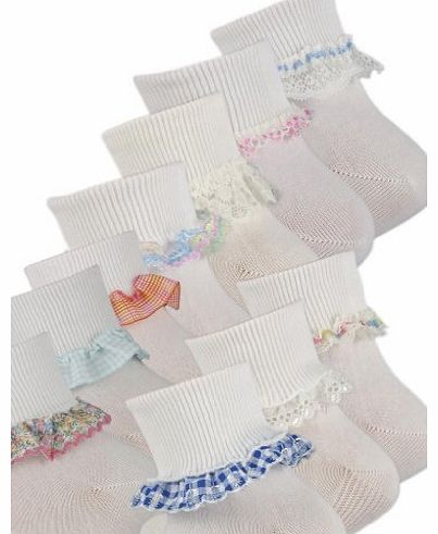 SocksAndTights 3 Pairs of Baby Girls Frilly Lace Top Cotton Socks UK Made (3-5.5)
