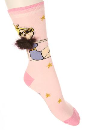 Ladies 1 Pair Marabou Glamour Puss Design Cotton Rich Socks