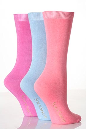 Ladies 3 Pair SockShop Plain Bamboo Socks In 8 Colours Pink, Violet and Lemon