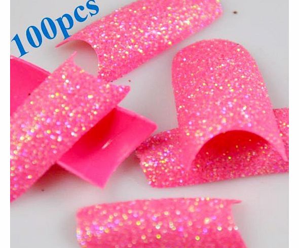 SODIAL(R) 100 Pcs Glitter Nail Tips Stunning Glitter Super Pink Acrylic French False Nail Art Tips