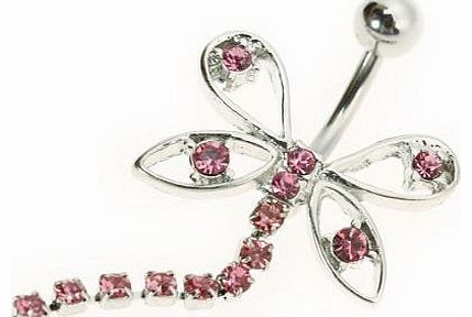316L Stainless Steel Dragonfly Dangling Belly Naval Button Bar Ring Piercing - Shocking Pink
