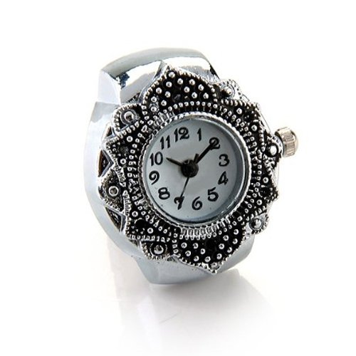 SODIAL(R) Tibetan Silver Flower Men Lady Finger Ring Watch 0.87`` HOT