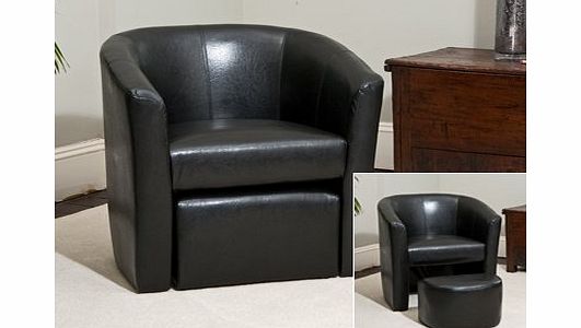 Brand New Black Faux Leather Tub Chair with Matching Footstool - Armchair Seating