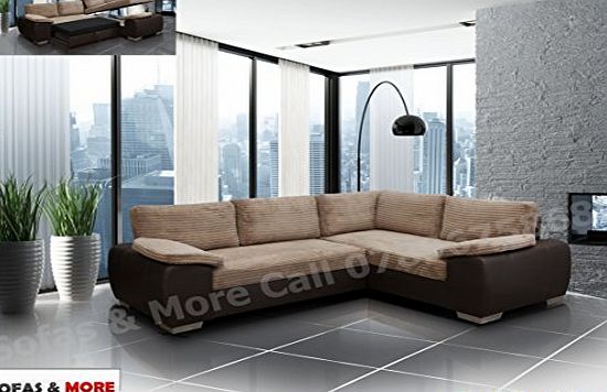 BRAND NEW - ENZO - CORNER SOFA BED WITH STORAGE - JUMBO CORD FABRIC LEATHER - RIGHT HAND SIDE ORIENTATION (GREY AND BLACK)