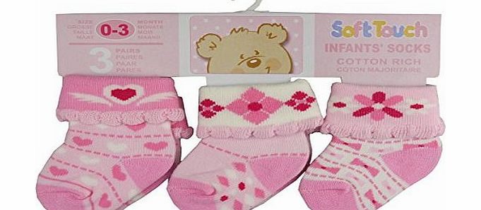 Soft Touch 3 Pack Baby Girls Pink Flower and Bow Socks - 0-3 Months