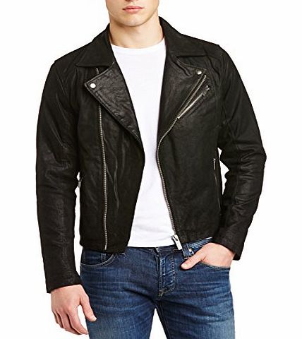 Solid Mens Umberto Leather Long Sleeve Jacket, Black, Medium