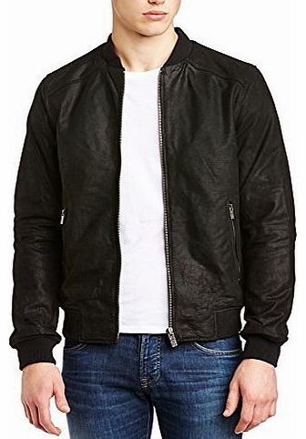 Solid Mens Unwin Leather Long Sleeve Jacket, Black, Large