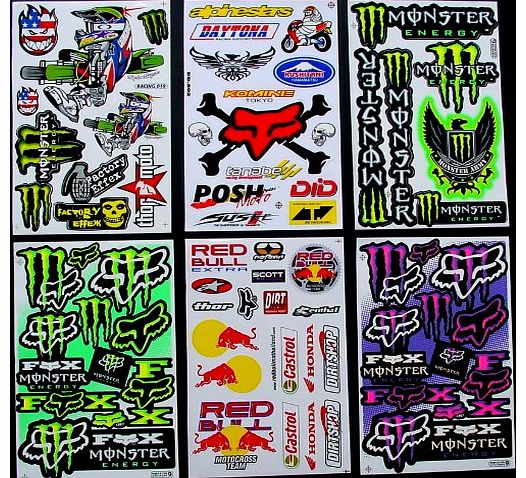 6 Sheets  Motocross stickers  KLL boys Rockstar bmx bike Scooter Moped army Decal Stickers 