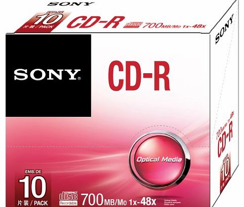 Sony CD-R 700Mb/80minutes Slim Case Pack of 10 10CDQ80SS
