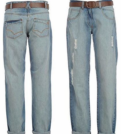 Soul Cal SoulCal Womens Belted Boyfriend Jeans Ladies Low Rise Cotton Pants Denims Bleach 12 L