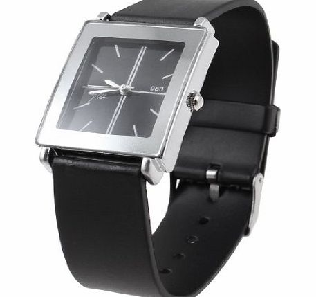 Sourcingmap Black Faux Leather Band Silver Tone Rectangle Dial Wrist Watch for Lady