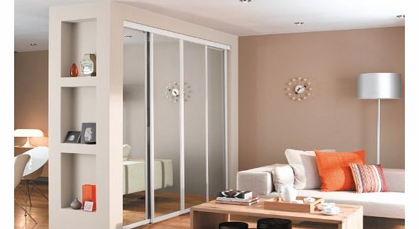 Silver Framed Triple 7ft 4ins White Lacquered Glass 4 Panel Sliding Wardrobe Door Kit wide. Up to 2235mm