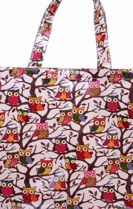 Waterproof Oilcloth Shopper Tote Beach Shopping Travel Bag (Medium, Beige Owl Pattern)