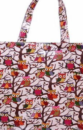 Waterproof Oilcloth Shopper Tote Beach Shopping Travel Bag (Medium, Beige Owl Pattern)