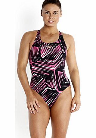 Speedo Womens Allover Power Back Print 3 Swimsuit - Black/Pop Pink/Chill Blue, 32 Inch