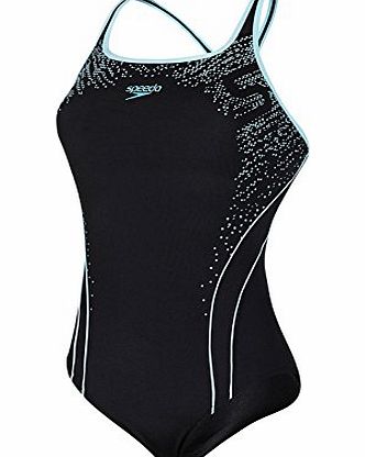 Speedo Womens Fit Kickback Swimsuit - Black/Chill Blue, 36 Inch