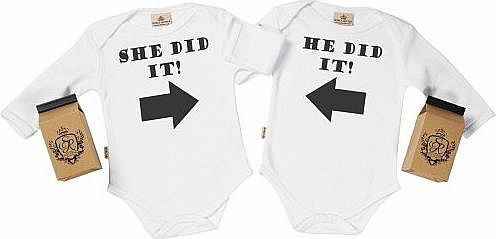 Spoilt Rotten - He Did It And She Did It Twin Set Babygrows / Bodysuit Alternative Baby Clothes 100 Organic Sizes 0-6 months WHITE   in funky Milk Carton