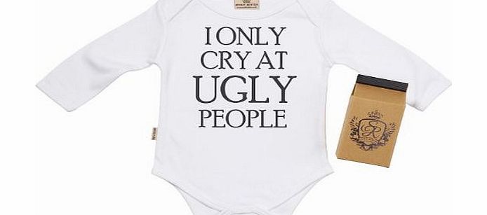 Spoilt Rotten - Only Cry At UGLY People Long Sleeve Babygrows / Bodysuit Alternative Baby Clothes 100 Organic Sizes 0-6 months   in funky Milk Carton WHITE