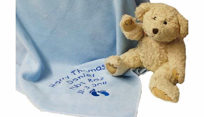 Personalised Baby Blue Keepsake Cot or Pram Blanket. Embroidered With Name, Date, Weight or Any Other Wording Or Message You Wish. Choice of Exclusive Embroidered Picture Designs. B