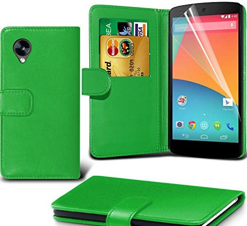 ( Green ) LG Google Nexus 5 Stylish PU Leather Wallet Flip Case Skin Cover With Screen Protector Guard By Spyrox