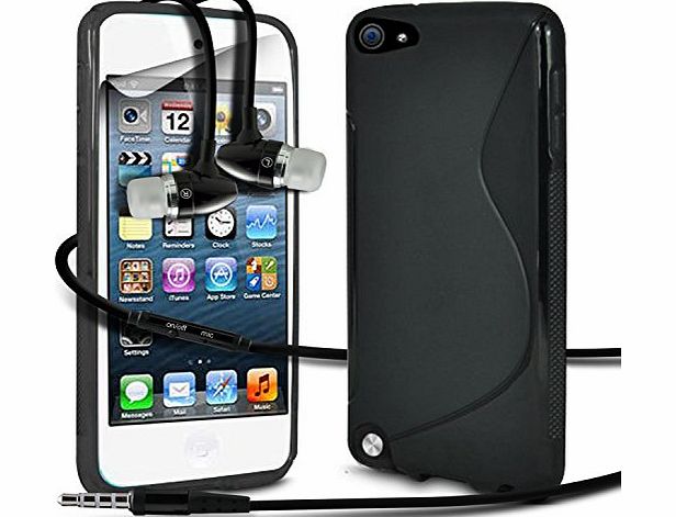 Apple Ipod Touch 5 Black Elegant Premium S Line Wave Gel Case Skin Cover With LCD Screen Protector Guard, Polishing Cloth amp; Hands Free Earphone with Built in Microphone Mic amp; On-Off Button by 