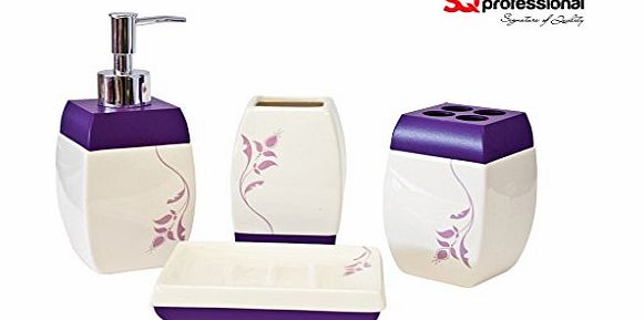 SQ Professional Ltd 4pc Bathroom Accessory Set - Soap Dish Dispenser Tumbler Toothbrush Holder (Purple Flower Curved)