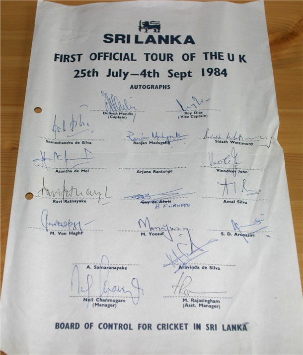 SRIL LANKA 1984 TOUR TO ENGLAND TEAM SHEET