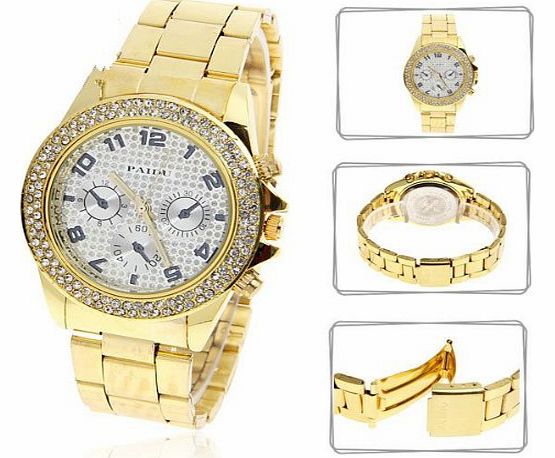 SS.Com Mens Gold Tone Crystal Rhinestone Chronograph Look Watch with Metal Link Band