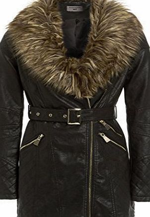 SS7 New Womens Faux Leather Fur Biker Jacket, black, Sizes 8 to 14 (UK - 12, Black)