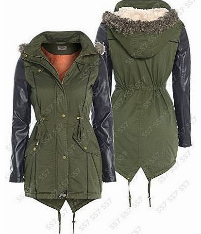 SS7 Womens Leather PU Sleeve Parka Coat, Sizes 10 to 16 (UK - 14, Khaki / Black)