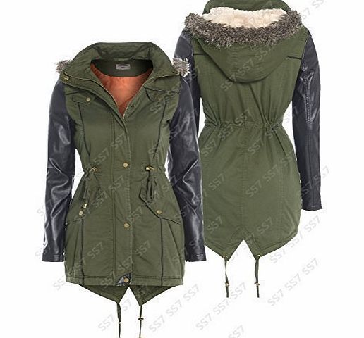 Womens Leather PU Sleeve Parka Coat, Sizes 18 to 26 (UK - 18, Khaki / Black)