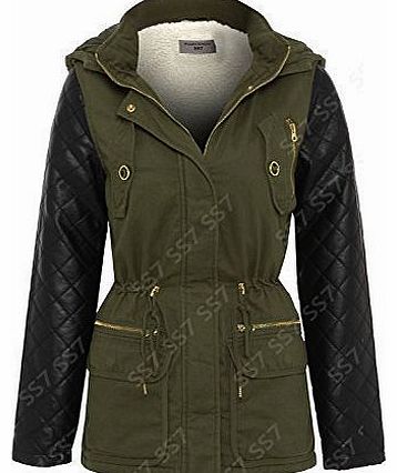 Womens Leather Quilted PU Sleeve Parka Sherpa Coat, Sizes 6 to 16 (UK - 8/10, Khaki)