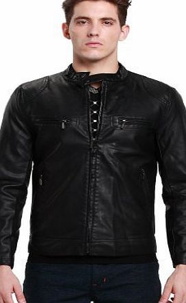 SSLR Mens Slim Casual Faux Leather Moto Jacket Coat (Medium, Black)