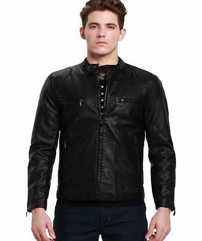 Mens Slim Casual Faux Leather Moto Jacket Coat (Small, Black)