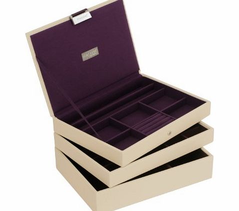 STACKERS Set of 3 CLASSIC SIZE - Cream STACKER Set of 3 Stacking Jewellery Box with Purple Lining