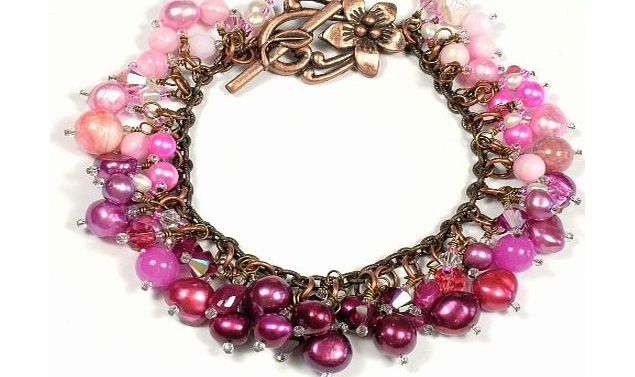 Stardust and Sparkles Hand-Crafted, Gemstone Pink Charm Bracelet with Freshwater Pearls, Rhodochrosite, Jade, Ruby amp; Swarovski Crystals - 7.5 Inches Long (Medium Ladies) - Gift Boxed