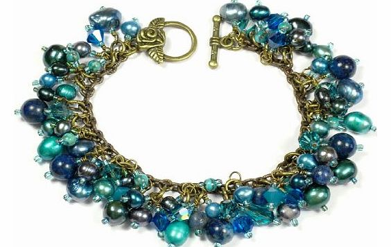 Hand-Crafted, Gemstone Teal Mix Charm Bracelet with Freshwater Pearls, Lapis Lazuli amp; Swarovski Crystals - 7.5 Inches Long (Medium Ladies) - Gift Boxed